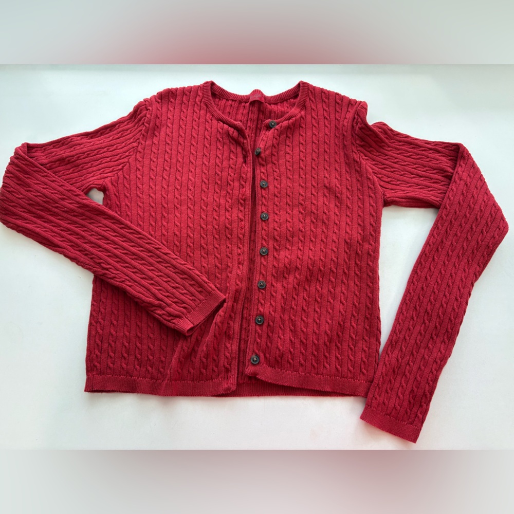 John Galt red cardigan, ribbed or cable style, Small